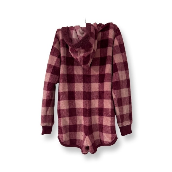 Justice Pajama Romper One-piece Checkered Maroon And Pink Feline Sleepy Size 8 - Picture 2 of 14